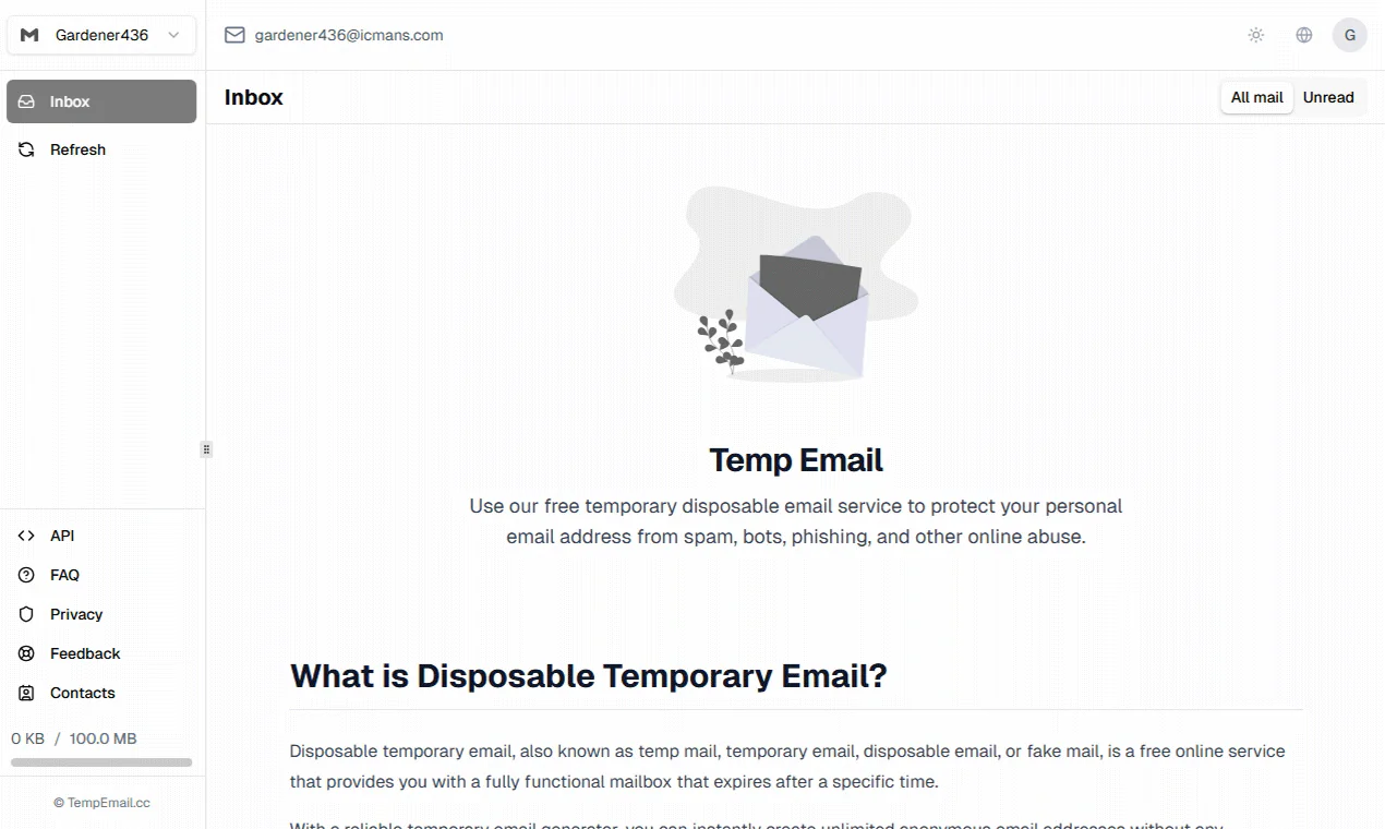 Screenshot 1 of TempEmail.cc